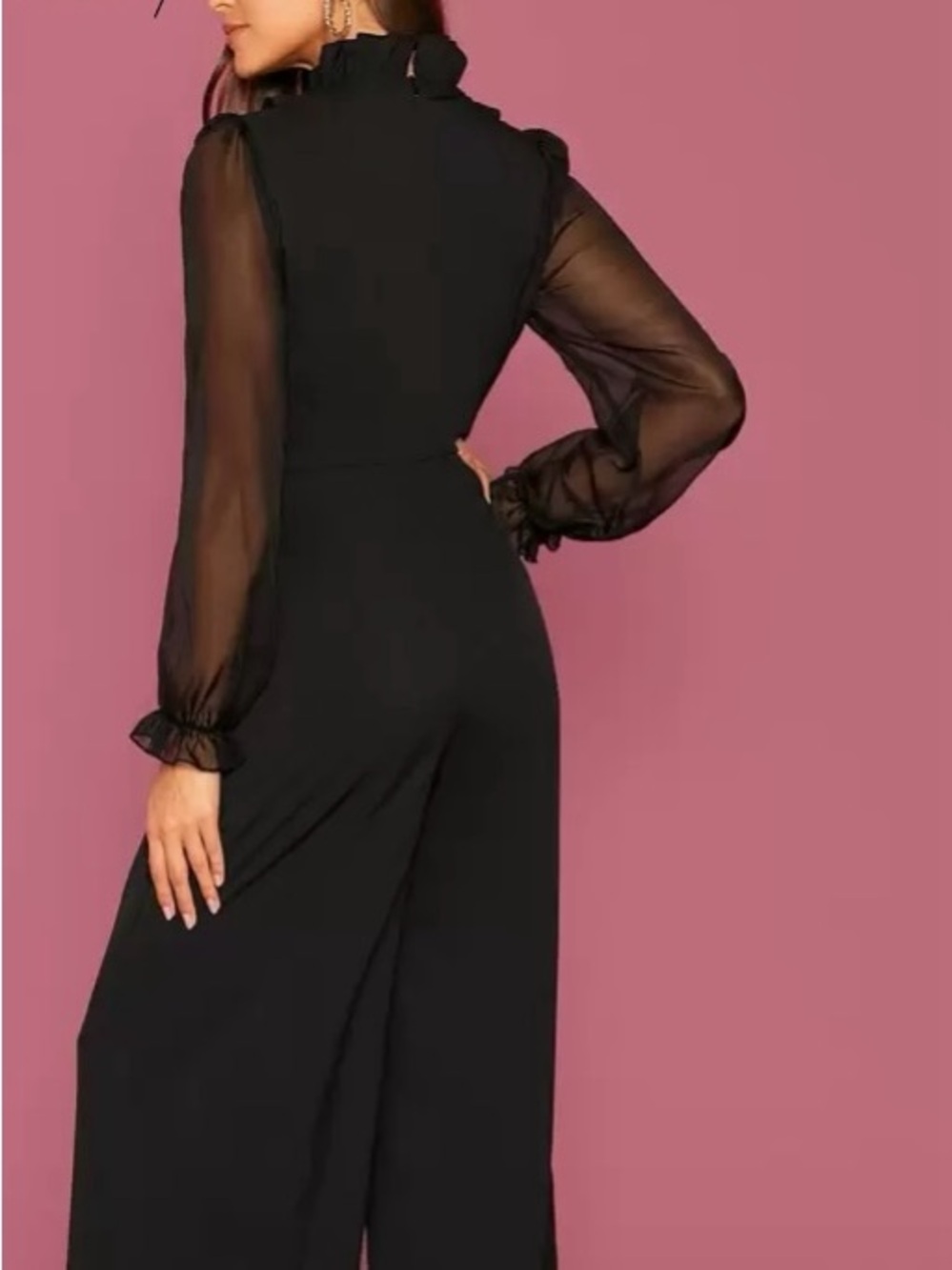 ✨Elegant Black Shear Ruffle Long Sleeves -Wide Leg Jumpsuit✨ - Picture 4 of 5